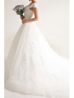 Net and Satin Off-the-Shoulder Cathedral Train Ball Gown Wedding Dress with Beading