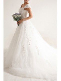 Net and Satin Off-the-Shoulder Cathedral Train Ball Gown Wedding Dress with Beading