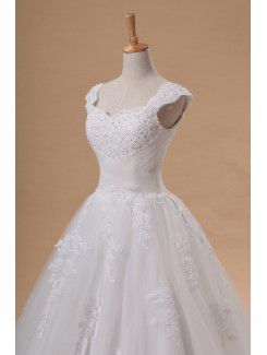 Net and Satin Off-the-Shoulder Cathedral Train Ball Gown Wedding Dress with Beading