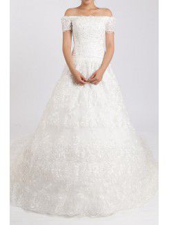 Lace Off-the-Shoulder Cathedral Train Ball Gown Wedding Dress with Crystal