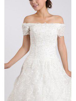 Lace Off-the-Shoulder Cathedral Train Ball Gown Wedding Dress with Crystal