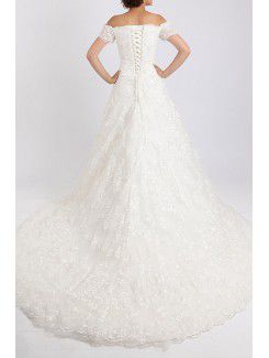 Lace Off-the-Shoulder Cathedral Train Ball Gown Wedding Dress with Crystal