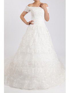 Lace Off-the-Shoulder Cathedral Train Ball Gown Wedding Dress with Crystal