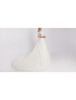 Lace Off-the-Shoulder Cathedral Train Ball Gown Wedding Dress with Crystal