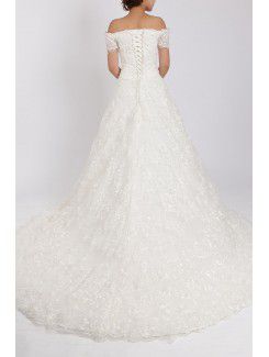 Lace Off-the-Shoulder Cathedral Train Ball Gown Wedding Dress with Crystal