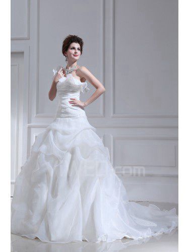 Organza One Shoulder Cathedral Train Ball Gown Wedding Dress with Handmade Flowers