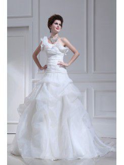 Organza One Shoulder Cathedral Train Ball Gown Wedding Dress with Handmade Flowers