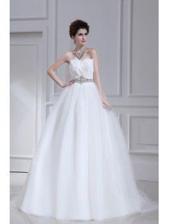 Organza Strapless Chapel Train Ball Gown Wedding Dress with Crystal