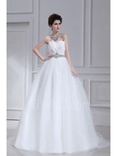 Organza Strapless Chapel Train Ball Gown Wedding Dress with Crystal