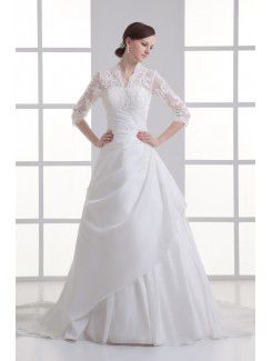 Cetim strapless uma linha de trem de varredura reunidos vestido de casamento ruched com jaqueta