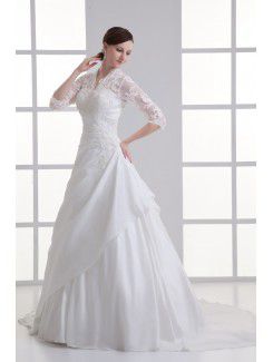 Satin Strapless A-line Sweep train Gathered Ruched Wedding Dress with Jacket