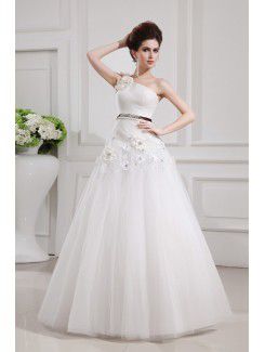 Net and Satin One Shoulder Floor Length Ball Gown Wedding Dress with Handmade Flowers