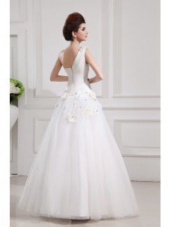 Net and Satin One Shoulder Floor Length Ball Gown Wedding Dress with Handmade Flowers