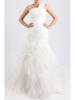 Organza One Shoulder Chapel Train Mermaid Wedding Dress