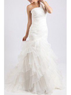 Organza One Shoulder Chapel Train Mermaid Wedding Dress