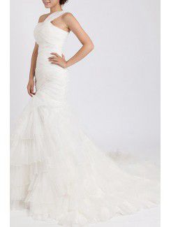 Organza One Shoulder Chapel Train Mermaid Wedding Dress