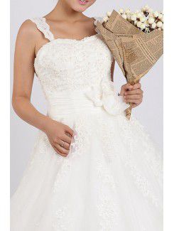 Net and Satin Straps Sweep Train Ball Gown Wedding Dress with Crystal