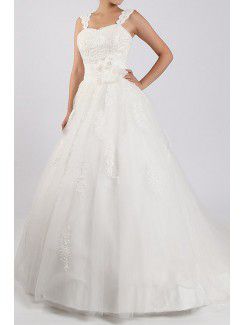 Net and Satin Straps Sweep Train Ball Gown Wedding Dress with Crystal