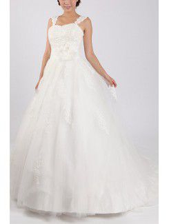 Net and Satin Straps Sweep Train Ball Gown Wedding Dress with Crystal