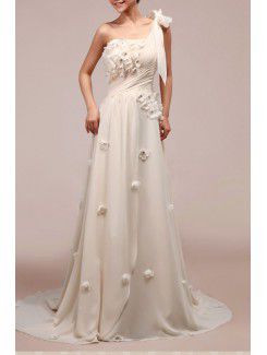 Chiffon One Shoulder Chapel Train Empire Wedding Dress with Handmade Flowers