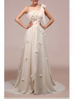 Chiffon One Shoulder Chapel Train Empire Wedding Dress with Handmade Flowers