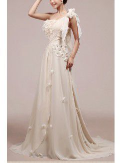 Chiffon One Shoulder Chapel Train Empire Wedding Dress with Handmade Flowers