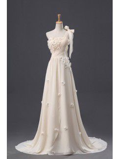 Chiffon One Shoulder Chapel Train Empire Wedding Dress with Handmade Flowers