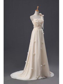 Chiffon One Shoulder Chapel Train Empire Wedding Dress with Handmade Flowers