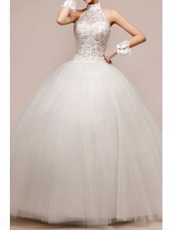 Net and Satin Halter Floor Length Ball Gown Wedding Dress