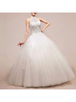 Net and Satin Halter Floor Length Ball Gown Wedding Dress