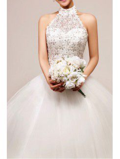 Net and Satin Halter Floor Length Ball Gown Wedding Dress