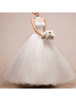 Net and Satin Halter Floor Length Ball Gown Wedding Dress