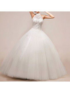 Net and Satin Halter Floor Length Ball Gown Wedding Dress