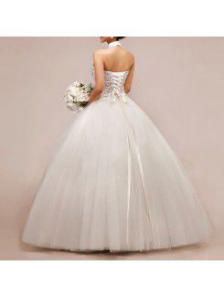 Net and Satin Halter Floor Length Ball Gown Wedding Dress