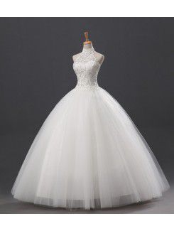 Net and Satin Halter Floor Length Ball Gown Wedding Dress