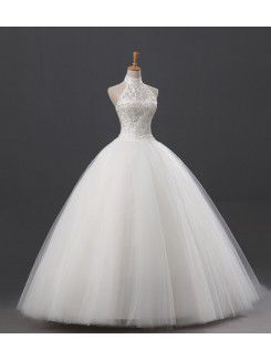 Net and Satin Halter Floor Length Ball Gown Wedding Dress