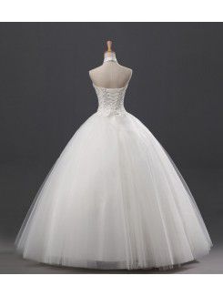 Net and Satin Halter Floor Length Ball Gown Wedding Dress