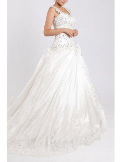 Net et satin bretelles train cathédrale robe de bal de mariage robe avec cristal