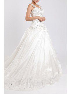 Net and Satin Straps Cathedral Train Ball Gown Wedding Dress with Crystal