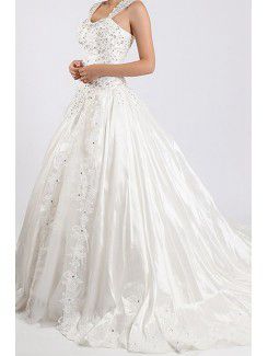 Net and Satin Straps Cathedral Train Ball Gown Wedding Dress with Crystal