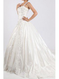 Net and Satin Straps Cathedral Train Ball Gown Wedding Dress with Crystal