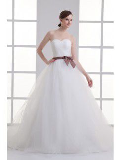 Satin and Net Sweetheart A-line Sweep train Sash Wedding Dress