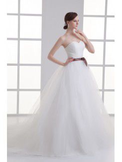 Satin and Net Sweetheart A-line Sweep train Sash Wedding Dress