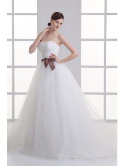 Satin and Net Sweetheart A-line Sweep train Sash Wedding Dress