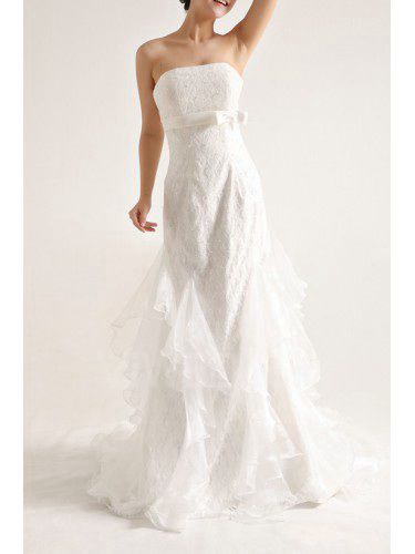 Organza strapless kapel trein zeemeermin trouwjurk