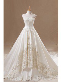 Organza trägerlosen kathedrale zug a-linie brautkleid mit kristall