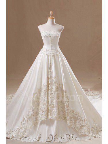 Organza Strapless Cathedral Train A-line Wedding Dress with Crystal