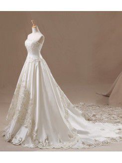 Organza Strapless Cathedral Train A-line Wedding Dress with Crystal