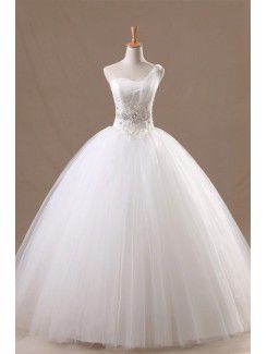 Organza One Shoulder Floor Length Ball Gown Wedding Dress with Handmade Flowers