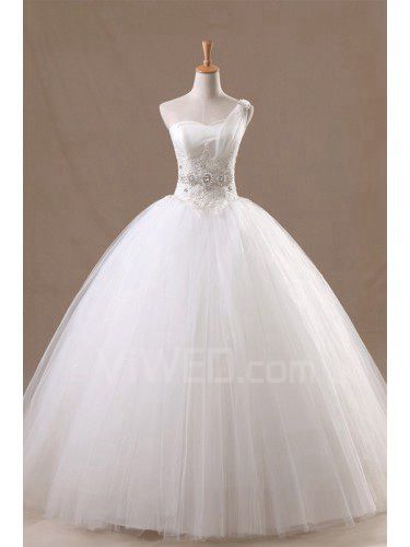 Organza de um ombro até o chão bola vestido de casamento vestido com flores feitas à mão